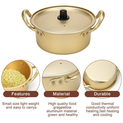 Korean Ramen Cooking Pot, AHIER Korean Ramen Noodle Pot With Lid, Spoon and Chopsticks (1pair), Fast Heating for Kitchen Cookware (Double handle) (6.3in)