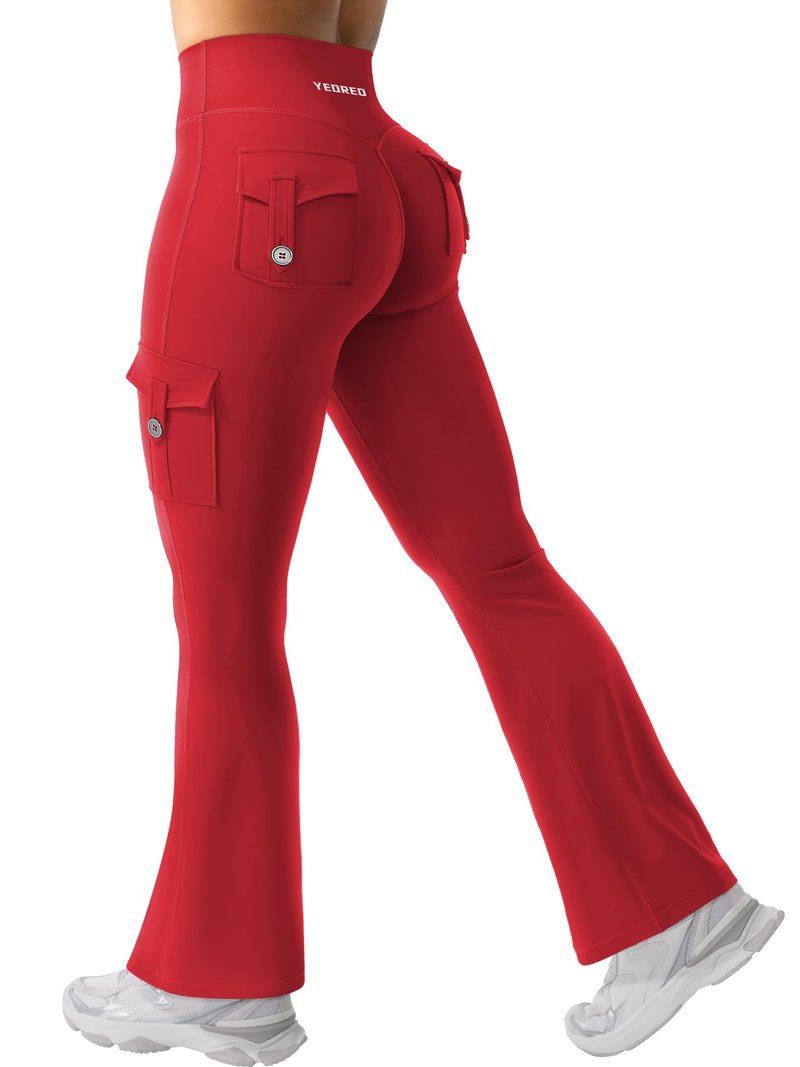 YEOREO CoreFlex Women Workout Flare Leggings with Pockets Scrunch Cargo Gym Yoga Leggings 28" Inseam Red XL