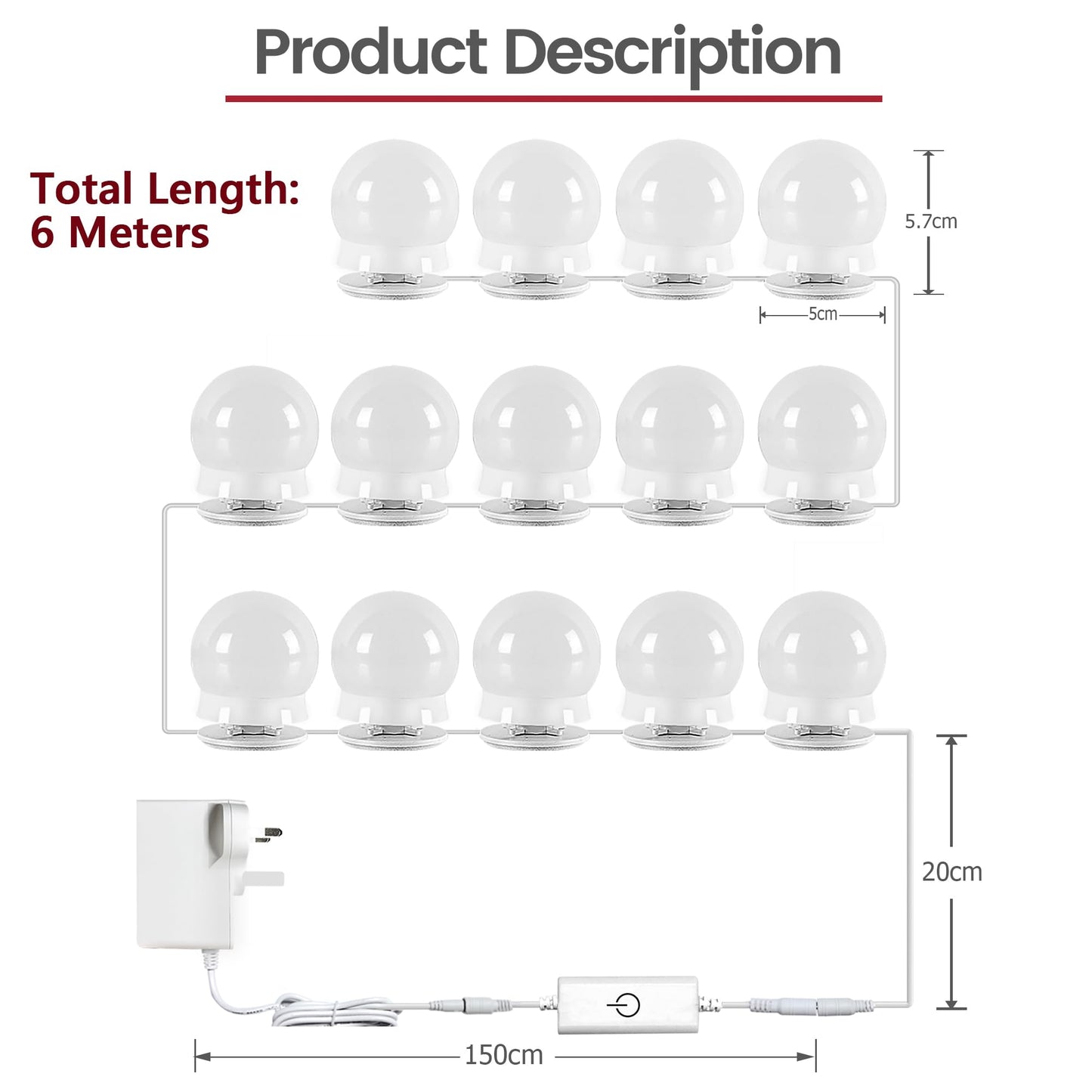 Star Vision 14-Bulb Vanity Lights for Mirror, DIY LED Makeup Lights Kit with Double-Sided Stickers, Includes a Plug-in Power Adaptor & a Touch Dimmer, 6,500K, 1350 Lumens, 6 Meters Length