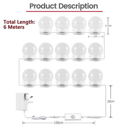 Star Vision 14-Bulb Vanity Lights for Mirror, DIY LED Makeup Lights Kit with Double-Sided Stickers, Includes a Plug-in Power Adaptor & a Touch Dimmer, 6,500K, 1350 Lumens, 6 Meters Length