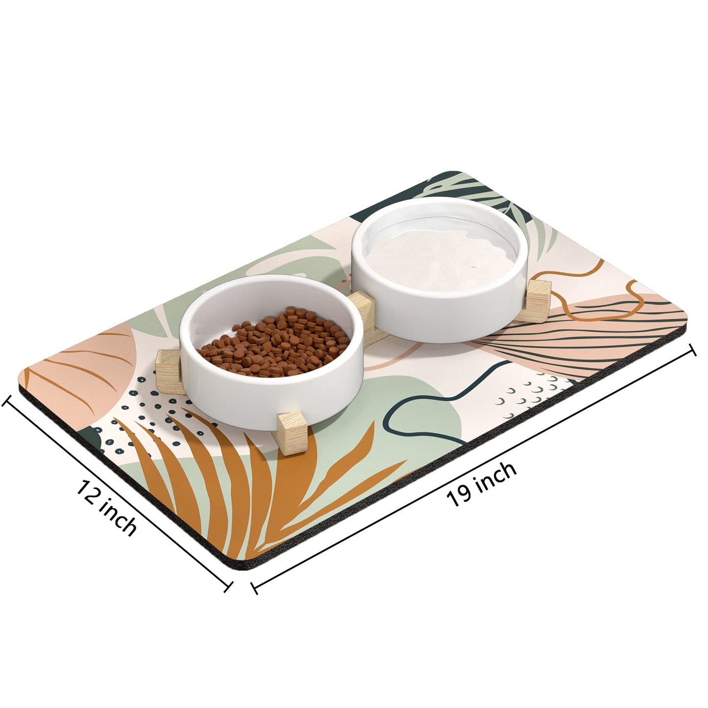 Rnivvi Dog Food Mat, 12" x 19" Boho Absorbent Dog Cat Bowl Mat for Food and Water, Cute Anti-Slip Rubber Pet Feeding Rug Protect Floors, Puppy Placemat for Feeding & Watering Supplies, Tropical Leaves