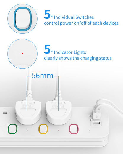 Mscien 3M Extension Lead with USB Slots, 4 Way 3 USB Extension Socket with Individual Switches Mountable Overload Protection Power Strips with 3Metre Extension cable 3250W