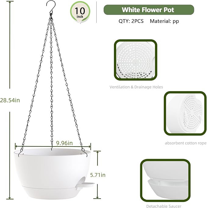 10 Inch Hanging Baskets 2 PC with Chains, Self-Watering Hanging Planters for Indoor Outdoor Plants, Plastic Hanging Flower Pots,White