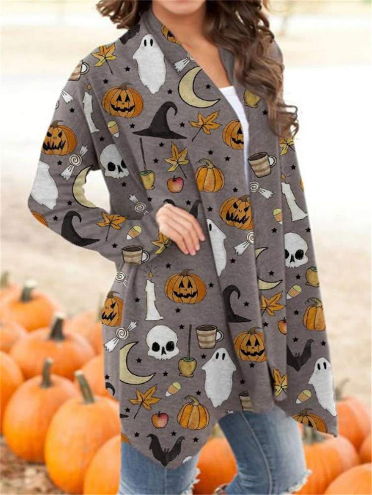 BOUTIKOME Women's Halloween Cat Pumpkin Cardigan Long Sleeve Open Front Knit Outwear Coat Plus Size Knitting Sweater Top(Gray, M)