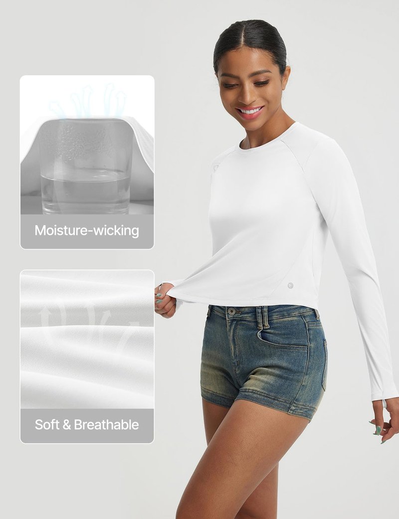 baleaf Women's UPF 50+ Long Sleeve Sun Shirts Crop Rash Guard UV Workout Tops SPF Slim Fit Lightweight Athletic Hiking White XS