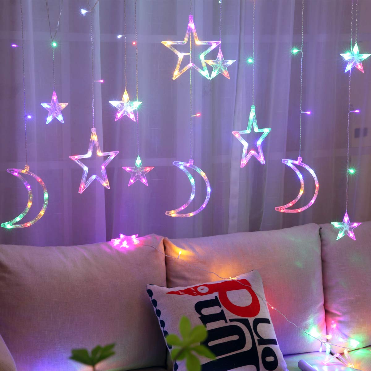 ALFEUND 138 Led Curtain String Light Star Moon Icicle Light with 8 Lighting Modes with Timer Remote USB Operated Dimmable Fairy String for Window Wall Home Decoration
