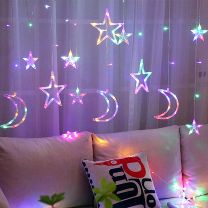 ALFEUND 138 Led Curtain String Light Star Moon Icicle Light with 8 Lighting Modes with Timer Remote USB Operated Dimmable Fairy String for Window Wall Home Decoration
