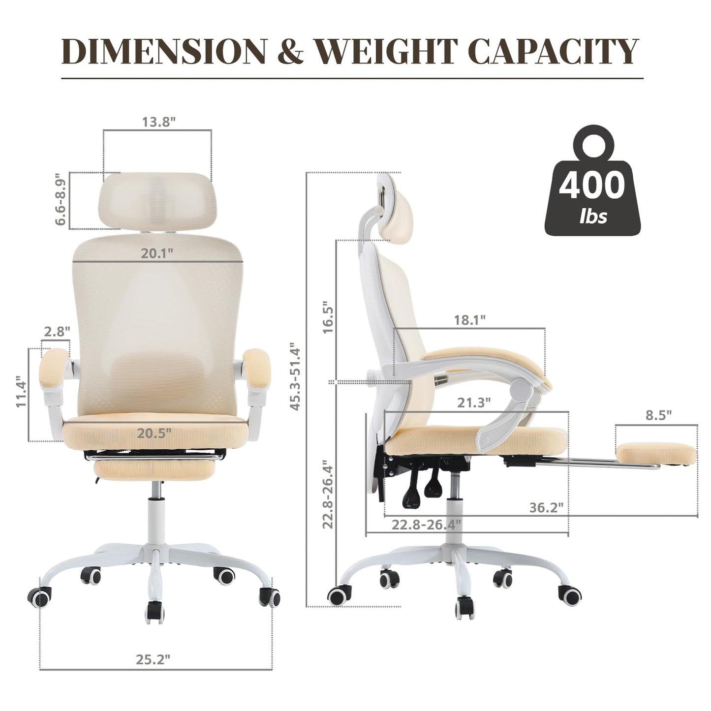 Ergonomic Office Chair with Retractable Footrest, 400LBS Capacity,Synchronized Armrest, Breathable Mesh, Adjustable Lumbar Support