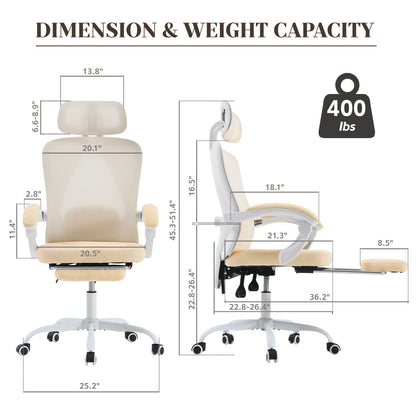 Ergonomic Office Chair with Retractable Footrest, 400LBS Capacity,Synchronized Armrest, Breathable Mesh, Adjustable Lumbar Support