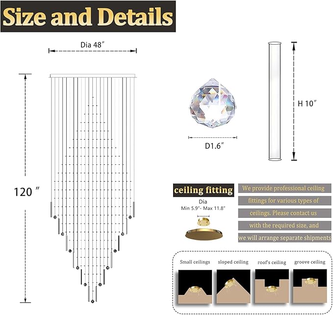 Flashing God D48''X H120'' Extra Large Chandeliers for High Ceilings Square Crystal Raindrop Gold Chandeliers Large Villa Chandelier Entrance Foyer Ceiling Light LED Dimmable 2700K-6000K