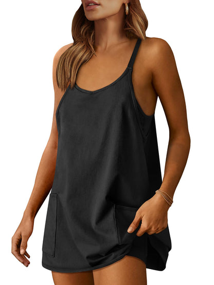 ANRABESS Women Athletic Dress Summer Tennis Workout Active Sports Mini Romper Dress Built in Shorts Travel Vacation Clothes Black X-Large