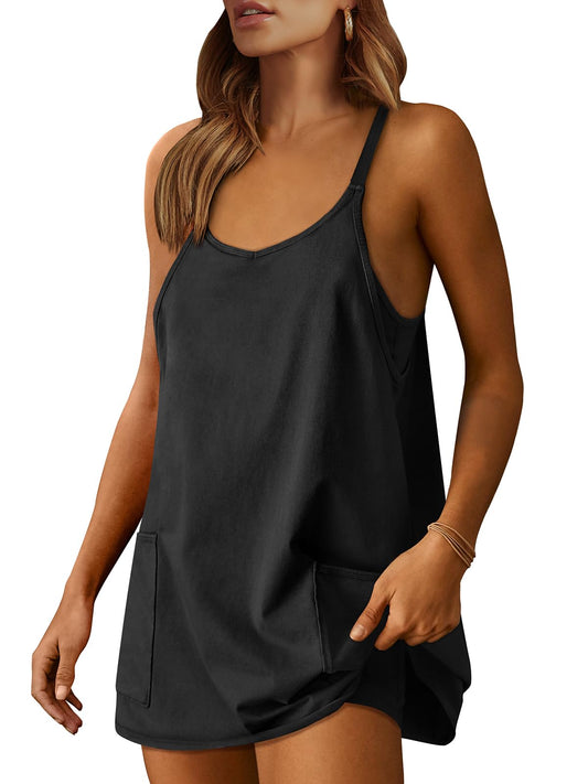 ANRABESS Women Athletic Dress Summer Tennis Workout Active Sports Mini Romper Dress Built in Shorts Travel Vacation Clothes Black X-Large