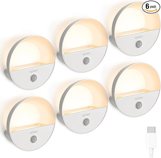 Rechargeable Battery Night Light, Motion Sensor Night Light, LED Warm White Magnetic Stick-on Motion Sensored Hallway Light, with Dusk to Dawn Sensor for Stairs, Wall, Closet, Cabinet (6 Pack)