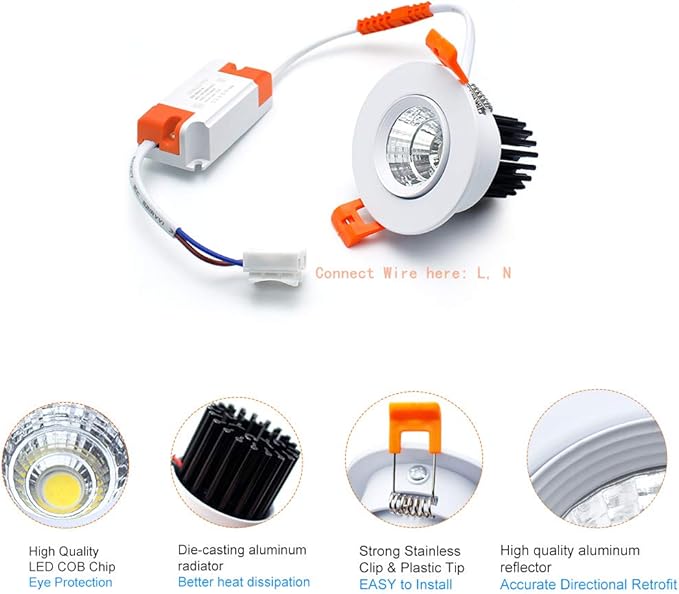 2 Inch LED Downlight, 3W Recessed Lighting COB Dimmable, 5000K Daylight White, CRI80, Ceiling Lights with LED Driver, 1 Pack