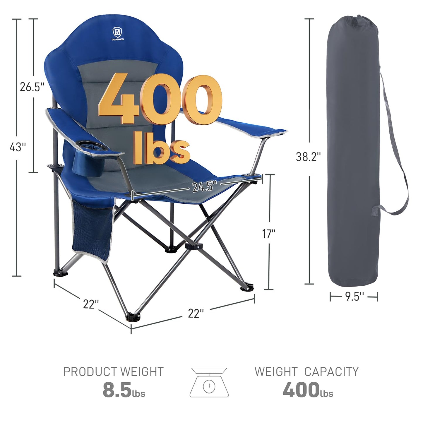 EVER ADVANCED Camping Chairs, Lawn Chairs Outdoor Sports Chairs, Folding Chair Camping Chairs for Adults, Supports 400lbs