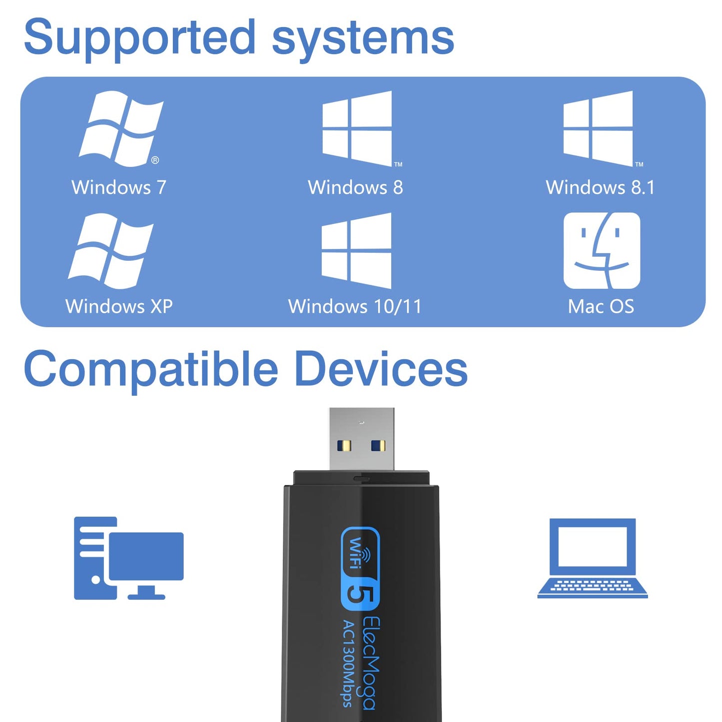 ElecMoga 5dBi Dual Band 5GHz USB Wifi Computer Adapter, 1300Mbps, Supports Windows 11/10/8/7/Vista/XP, Mac OS 10.9-10.15