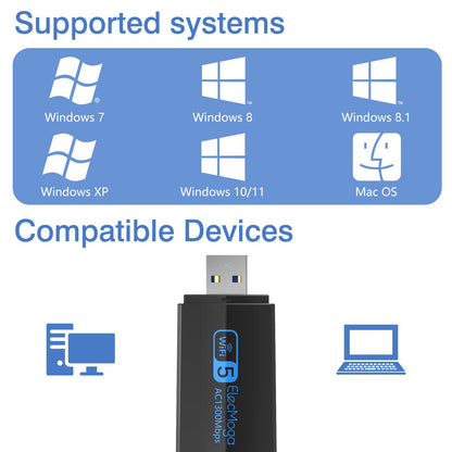 ElecMoga 5dBi Dual Band 5GHz USB Wifi Computer Adapter, 1300Mbps, Supports Windows 11/10/8/7/Vista/XP, Mac OS 10.9-10.15