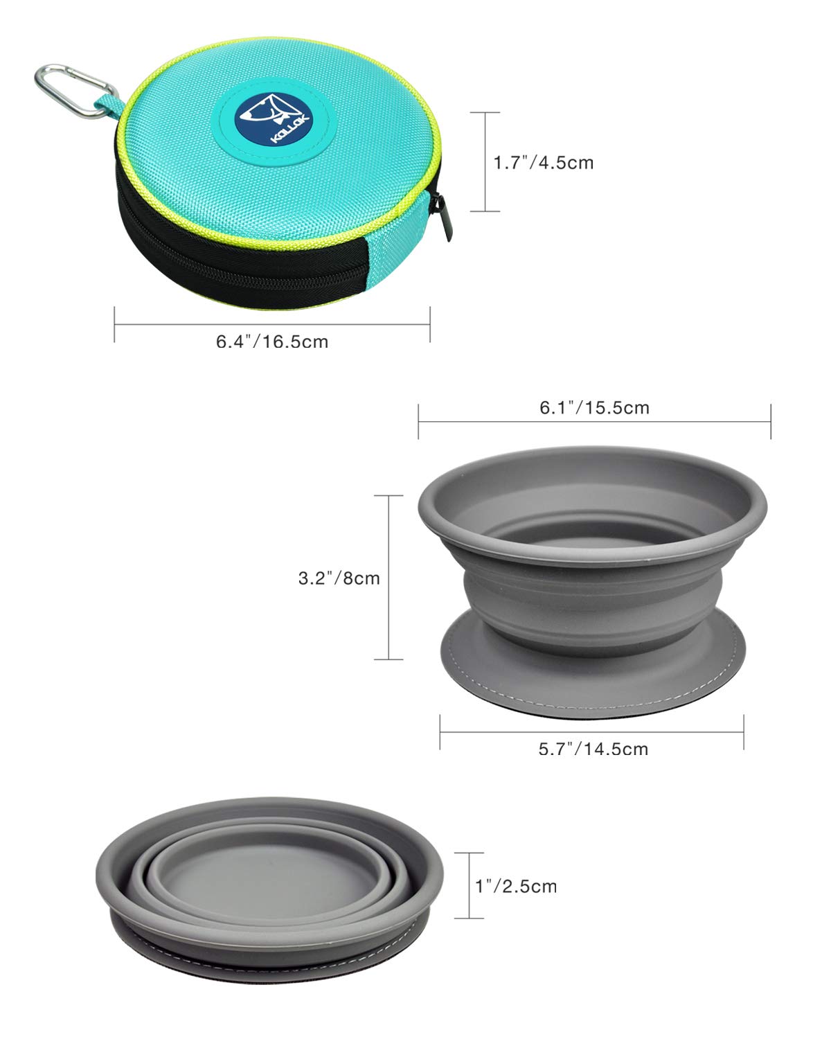 KALLAK Portable 2 in 1 Pet Bowls with Zipper Carrying Case and Carabiner, Collapsible Double Travel Dog Bowls for Food and Water Feeding, Foldable Camping Dog Cat Bowl