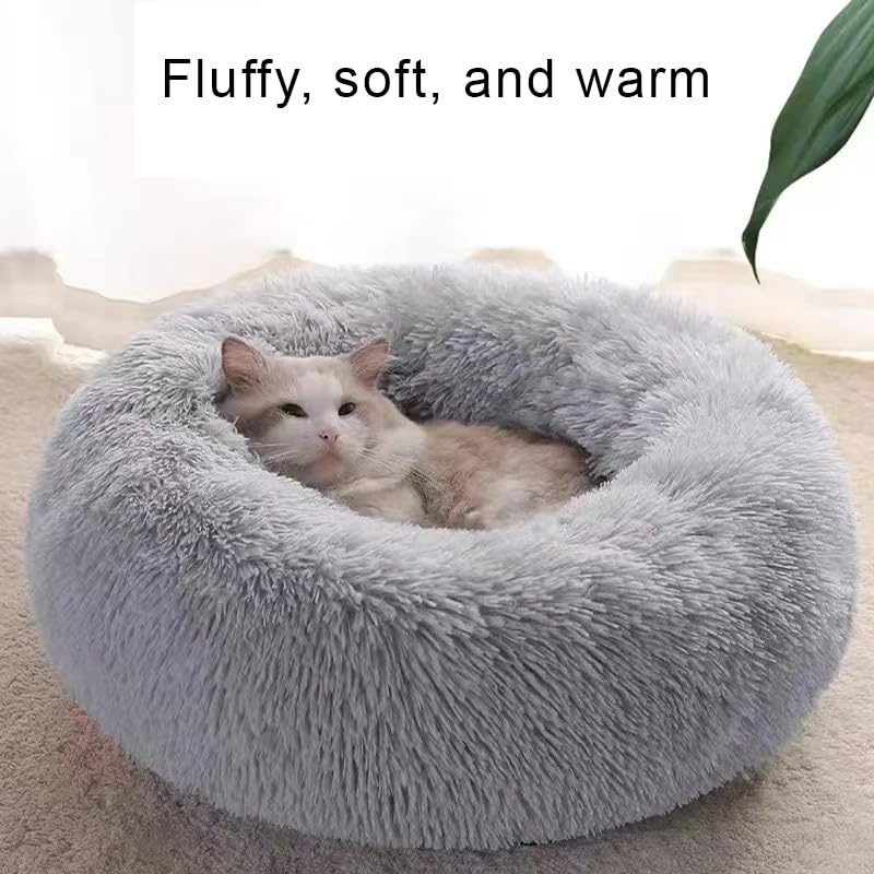 Cat Beds for Indoor Cats, 27 Inch Round Donut Washable Cat Bed, Fluffy Calming Self Warming Soft Donut Cuddler Cushion Pet Bed for Dogs and Kittens,Non-Slip (27 Inch, Light Grey)