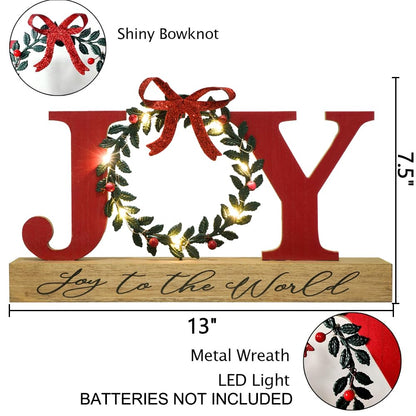 Christmas Decorations for Home LED Lighted Joy Sign with Timer Wreath Farmhouse Wooden Rustic Tabletop Decorative Sign Xmas Holiday Home Decor Indoor Room