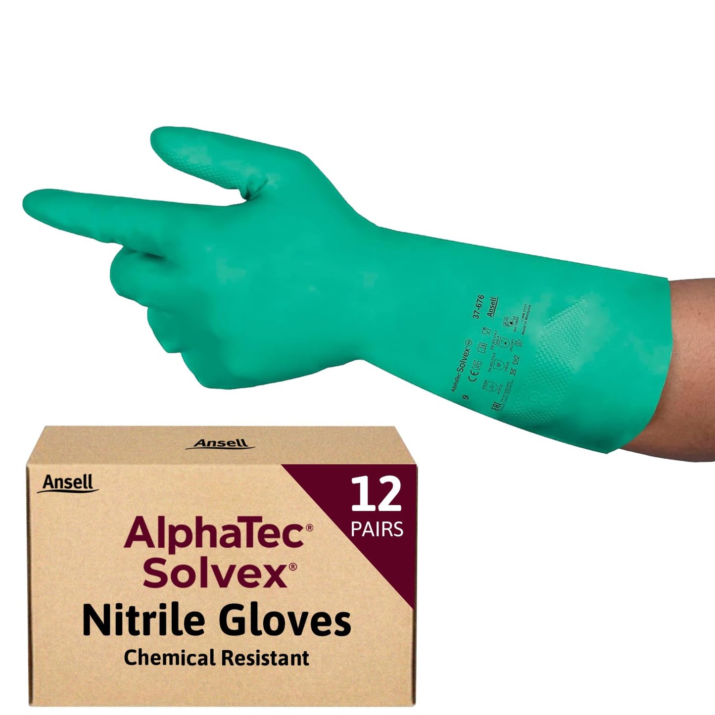 Ansell AlphaTec 37-675, Chemical Resistant Nitrile Gloves, Versatile Waterproof Work Gloves, Food Gloves & Cleaning Gloves with Superior Grip, Latex Free Gloves, Green Nitrile Gloves 2XLarge, 12 Pairs