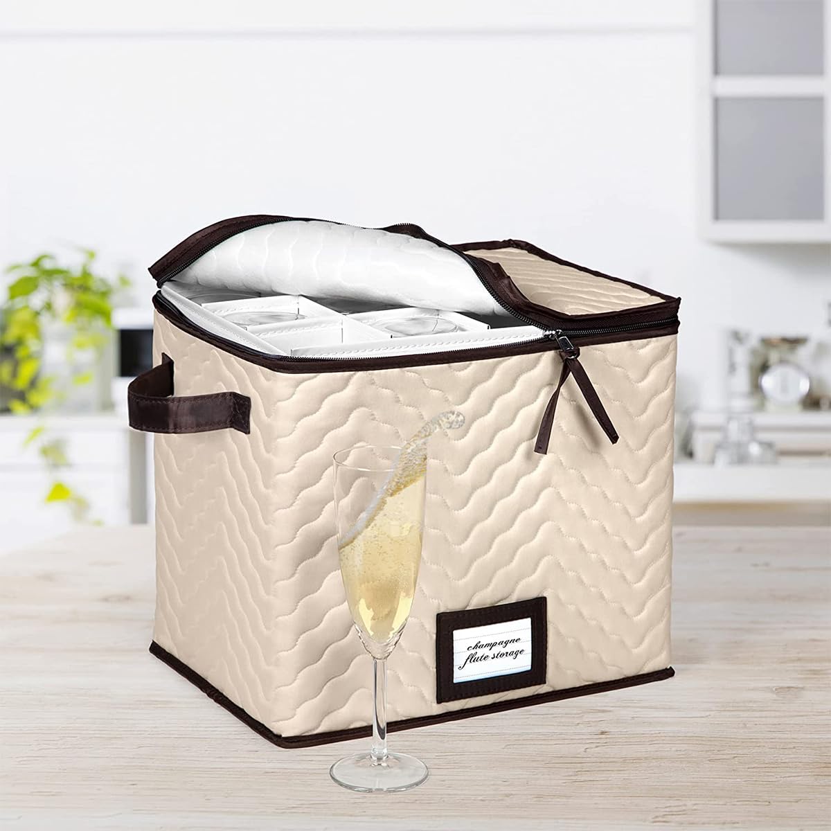 Champagne Flute Storage Boxes with Dividers - Set of 2 - Each Holds 12 Glasses up to 3.75" Wide - Quilted Microfiber Case with Handles - Protects Stemware - Ideal for Champagne & White Wine Glasses