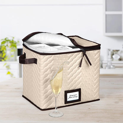 Champagne Flute Storage Boxes with Dividers - Set of 2 - Each Holds 12 Glasses up to 3.75" Wide - Quilted Microfiber Case with Handles - Protects Stemware - Ideal for Champagne & White Wine Glasses