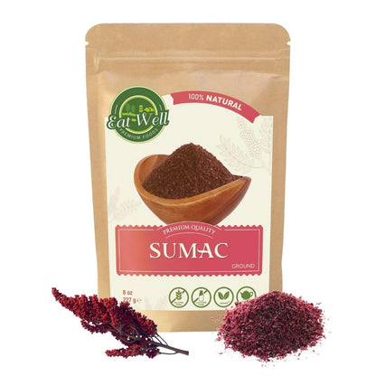 Eat Well Premium Foods Sumac Spice Powder 8 oz Ground Sumac Berries in Resealable Pack, 100% Natural Traditional Middle Eastern Spices, Sumac Seasoning with Pure Gourmet Ingredients for Cooking, Tangy and Citrusy