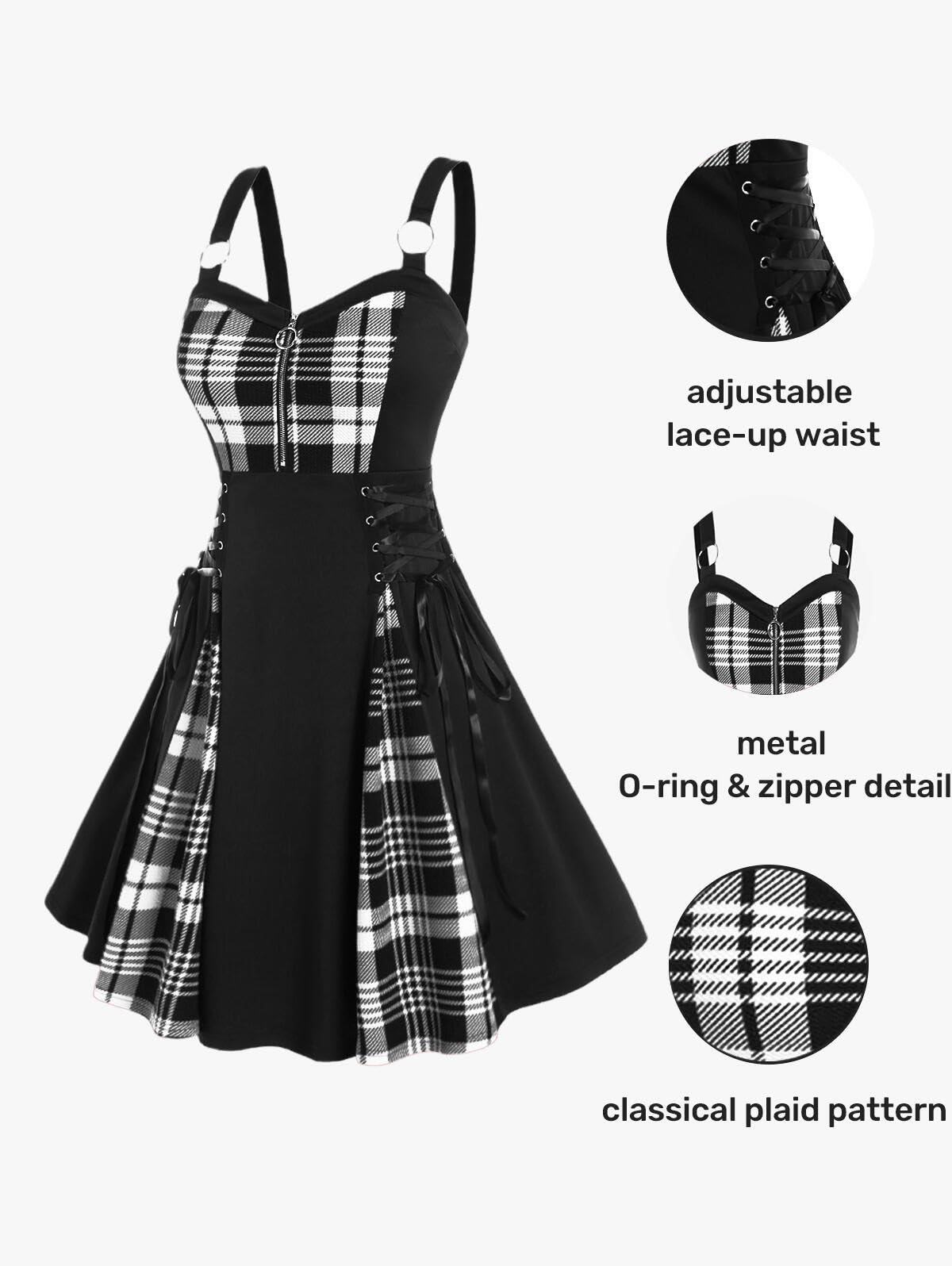 Rosegal Gothic Lace Up Plaid Half Zipper Fit and Flare Gothic Dress(White_1/2X)