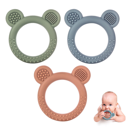 Eascrozn Baby Teething Toys Set of 3, Teethers for Babies 3-6 6-12 Months, BPA Free Soft and Textured Bear Teething Rings Silicone Teething Relief Soothing Sore Gums Baby Chew Toys