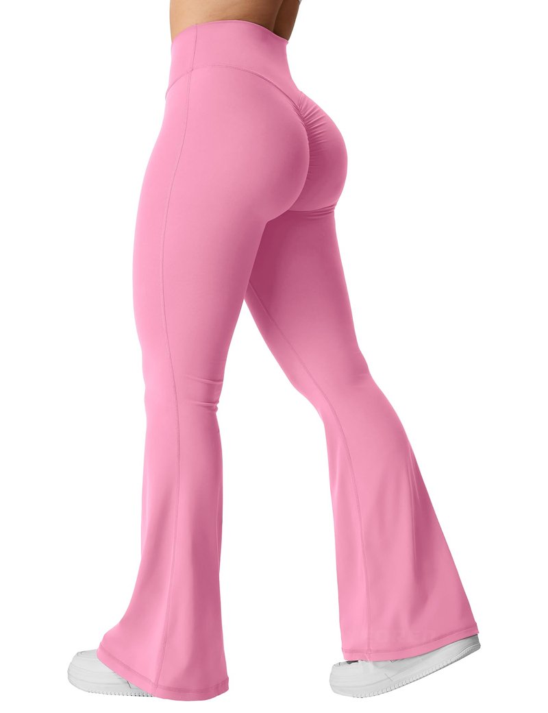 YEOREO Kalie Flare Scrunch Leggings for Women V Cross Waist Bell Bottom Yoga Pants Tummy Control Bootcut Workout Leggings Begonia Pink M