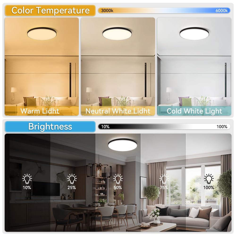 CANMEIJIA LED Ceiling Light IP44, 12 Inch 24W Smart Ceiling Lights RGB Dimmable with Remote Control Bathroom Lights 3000-6500K 2520LM for Living Room Bedroom Kitchen Hallway Round,Black