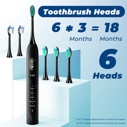 PERBOL Sonic Electric Toothbrush for Adults, Rechargeable with 6 Replacement Brush Heads, 5 Modes and 3 Intensity Levels 2 Minutes Smart Timer Reminder Travel, Gift (Antique Black), 9, 95.0 grams