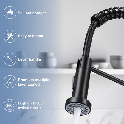 DJS Kitchen Faucets with Pull Down Sprayer Matte Black - Dual Mode Setting Single Handle 1 or 3 Holes Commercial Black Kitchen Sink Faucet with Deck Plate for Farmhouse RV Vessel Basin