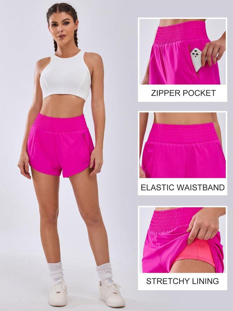 BMJL Women's Athletic Shorts High Waisted Running Short Pocket 2.5" Sporty Shorts Gym Elastic Workout Shorts(XL,Bright Pink)