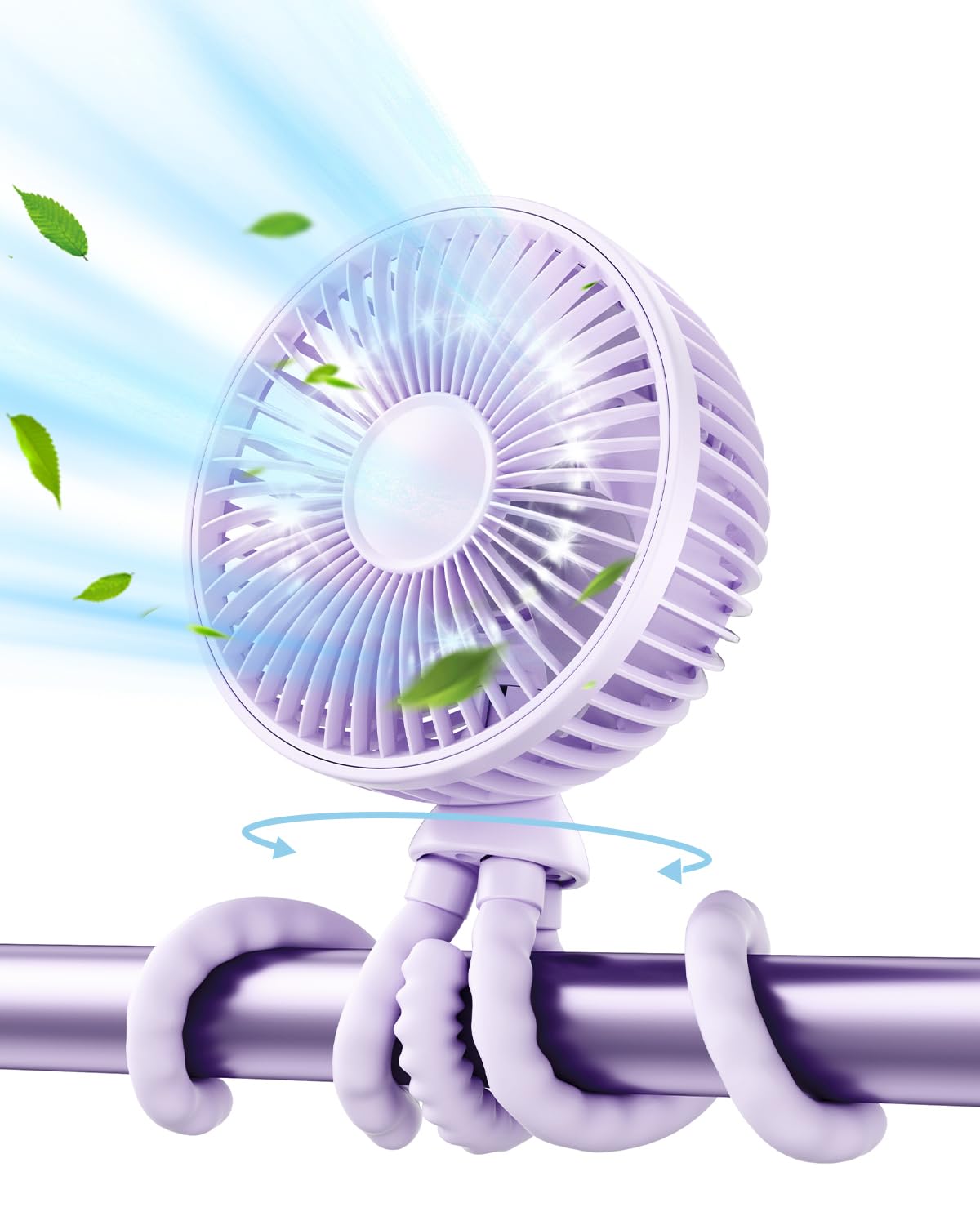 Gaiatop Oscillating Baby Stroller Fan, LED Night Light 4 Speeds Rechargeable 360° Rotate Clip On, Battery Operated Small Portable Cooling Fans for Car Seat Crib Treadmill Travel (Purple)