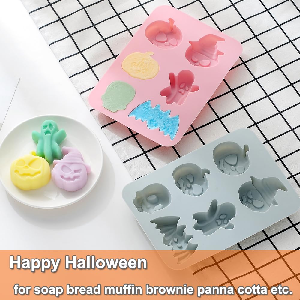 2 Pack Halloween Silicone Cake Mold Pumpkin Bat Skull Ghost Shape Silicone Mold for Chocolate Candy Gummy Jello Ice Cube Crayon Melt Biscuits, Soap Molds Silicone Baking Mold Making Kit for Kids