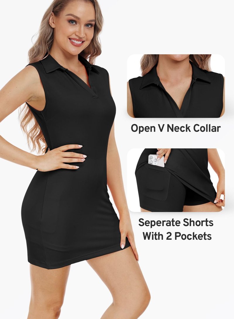 Hiverlay Women's Tennis Dress with Shorts Underneath and Pockets V Neck Collar Sports Athletic Workout Sleeveless Dress Black Large