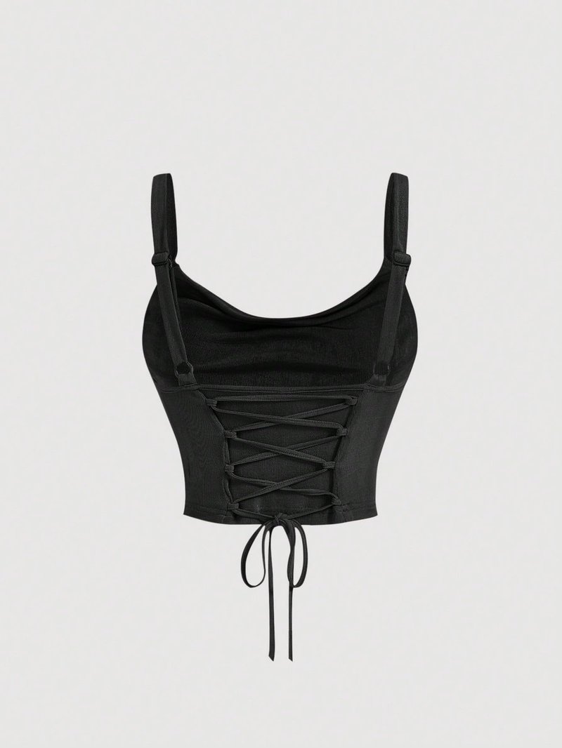 SOLY HUX Women's Cowl Neck Crop Camisole Top Lace Up Ruched Sleeveless Y2k Tops Plain Black Small
