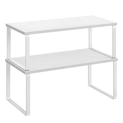 SONGMICS Cabinet Organizer Shelf, Set of 2 Kitchen Counter Shelves, Kitchen Storage, Spice Rack, Stackable, Expandable, Metal and Engineered Wood, Ink Black and Natural Beige UKCS02NB