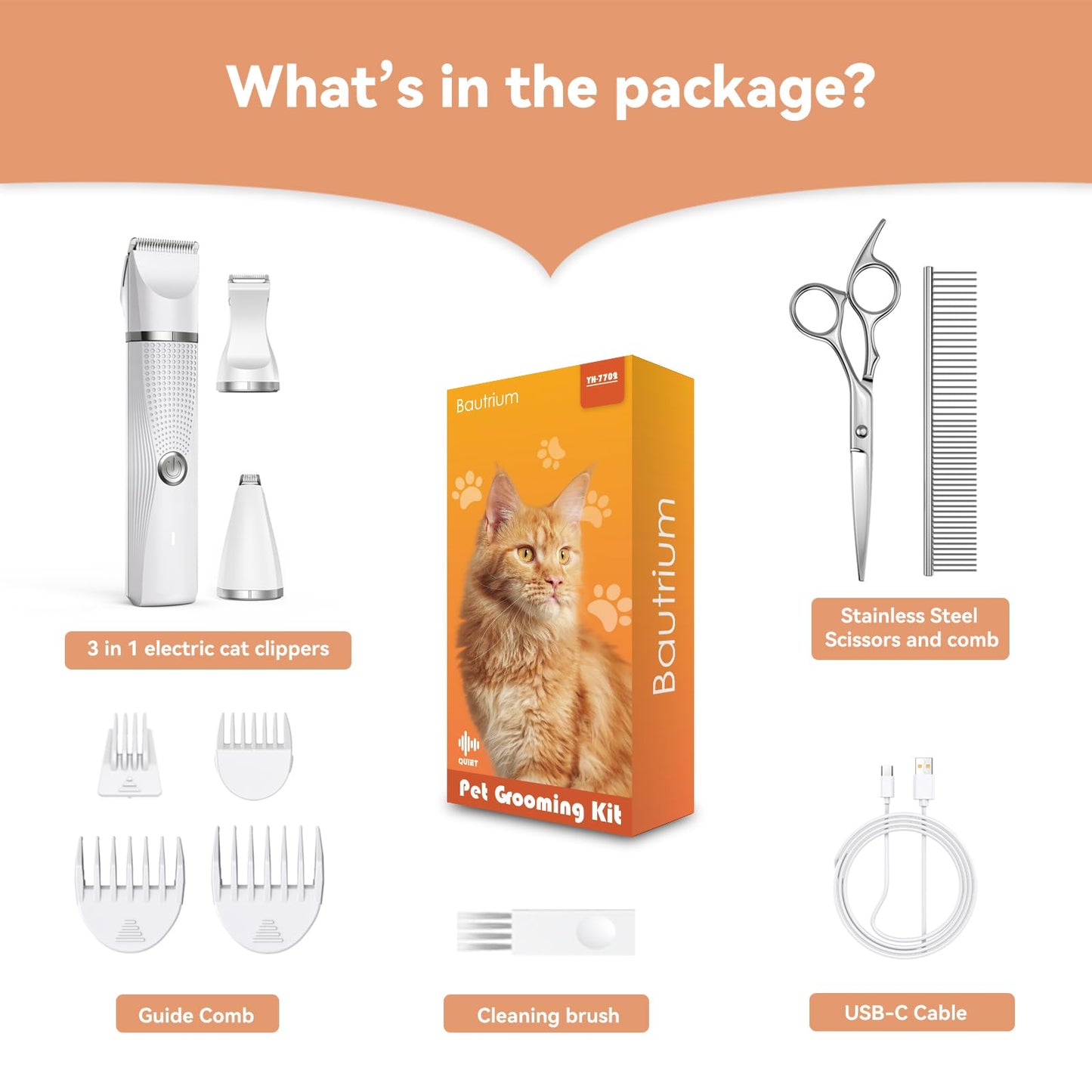 Bautrium Cat Grooming Clippers Kit with Paw Trimmer, 3 in 1 Electric Pet Hair Trimmer Supplies for Thick Matted Hair, Heavy Coat Butt Shaver Cat Razor Fur Trimmer for Dogs at Home