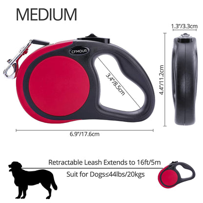 CFMOUR Retractable Dog Lead, 5m/20kg Red Heavy-Duty Extendable Dog Leads for Small to Medium Dogs; Strong Nylon Tape Ribbon Leash, One-Button Brake&Lock, Bonus Training Clicker