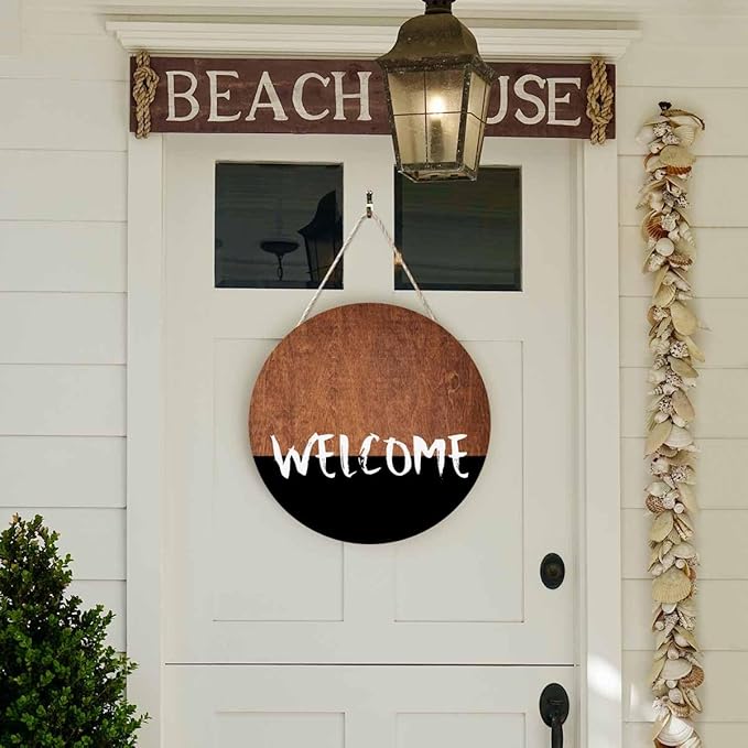 Welcome Sign Front Door Decoration Welcome Brown Wooden Board 12 inch Wooden Hanging Wreath Rustic Style - Home Decor Outdoor