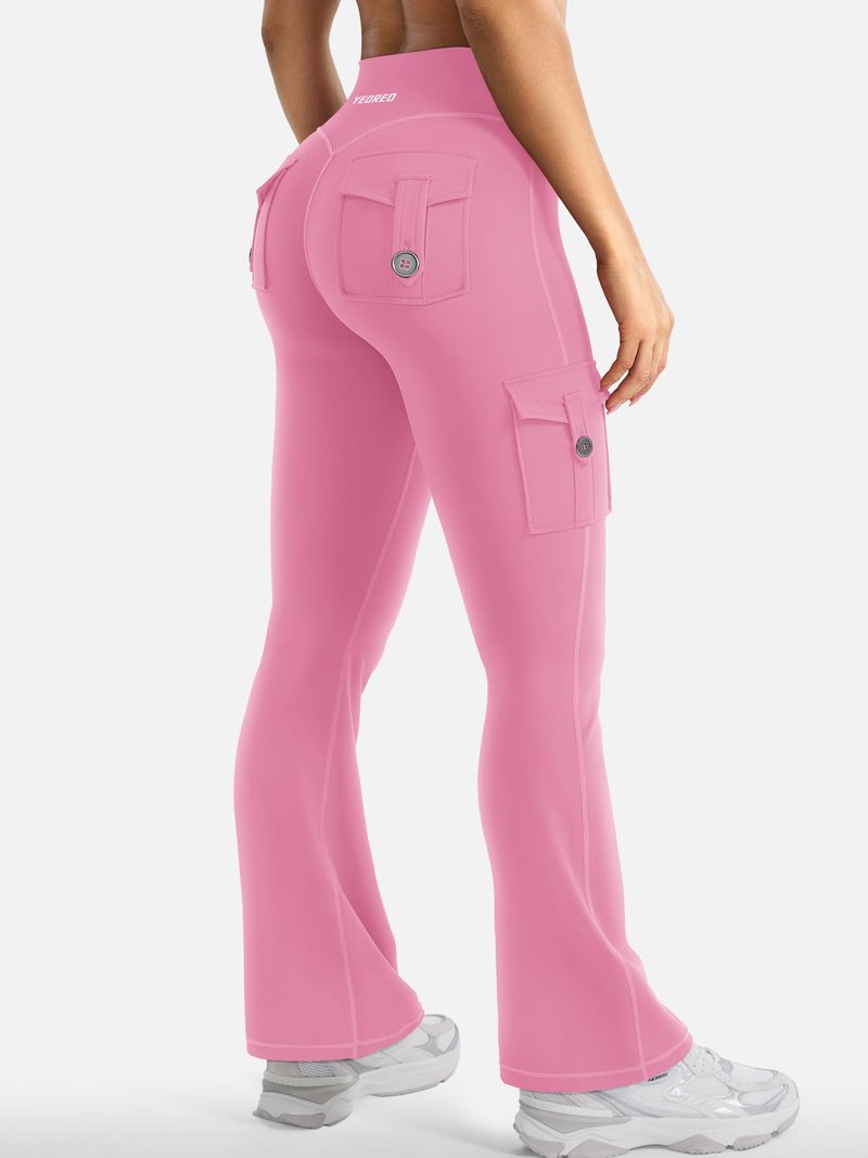 YEOREO CoreFlex Women Workout Flare Leggings with Pockets Scrunch Cargo Gym Yoga Leggings Pink M