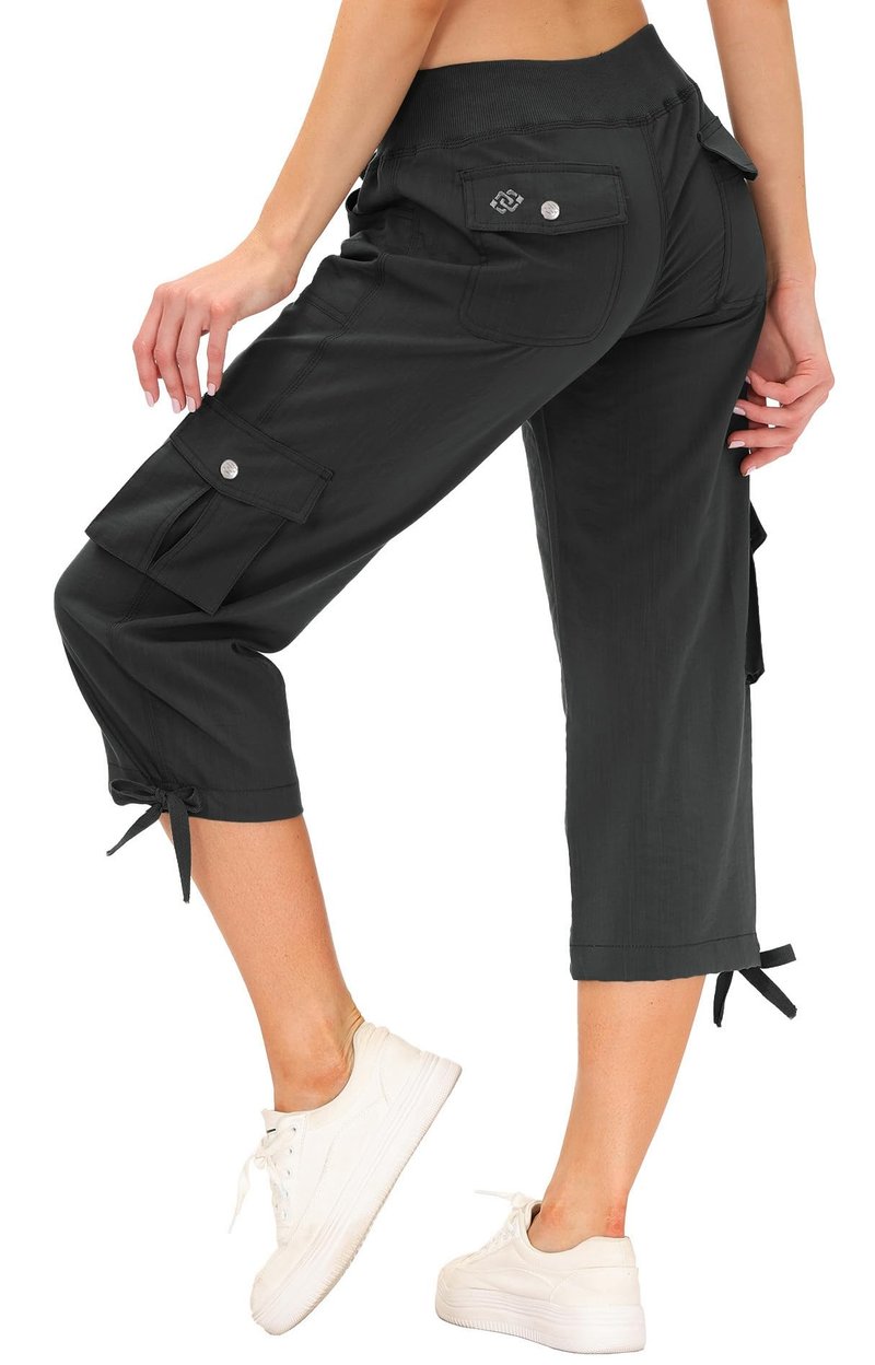 MoFiz Womens Capris with Pockets Loose Fit Casual Capri Pants Dressy Lightweight Ladies Baggy Cargo Pants for Hiking Dark Grey XS