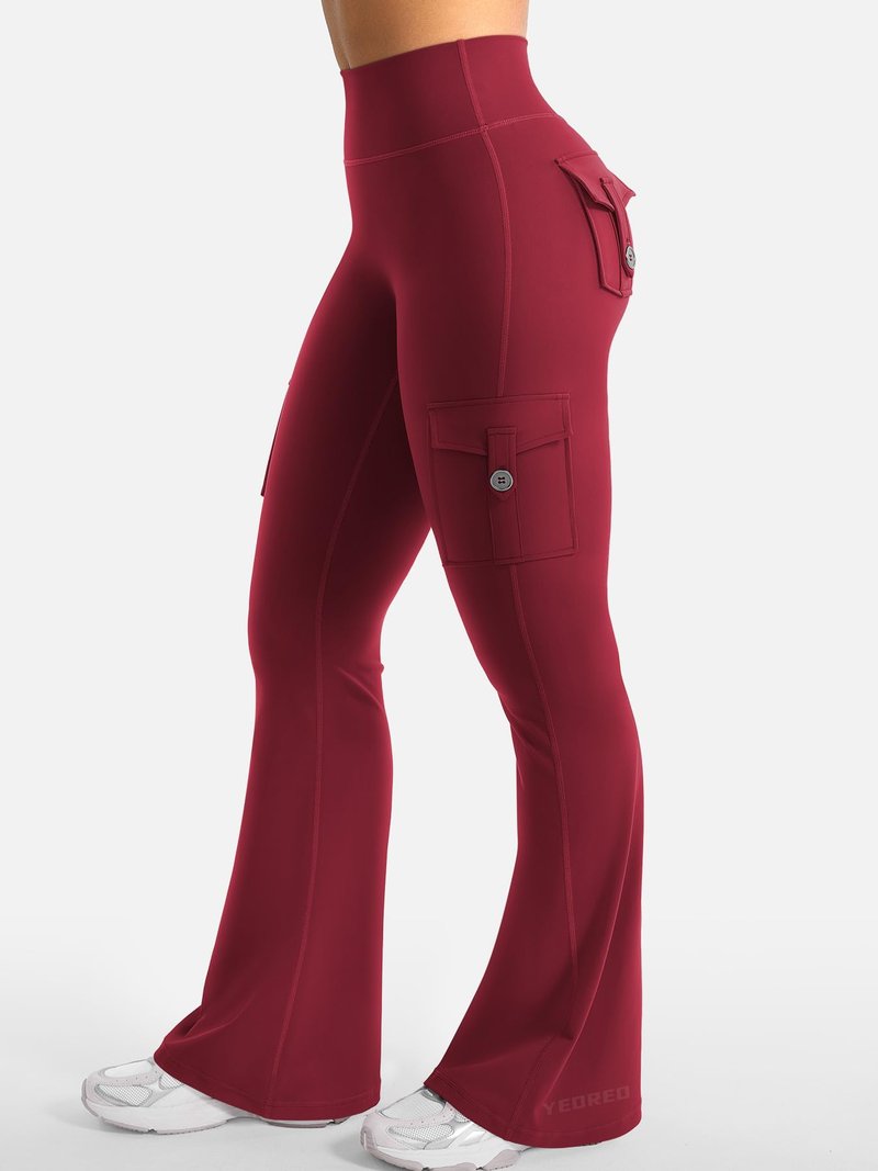 YEOREO CoreFlex Women Workout Flare Leggings with Pockets Hidden Scrunch Cargo Gym Yoga No Front Seam Leggings Wine XS