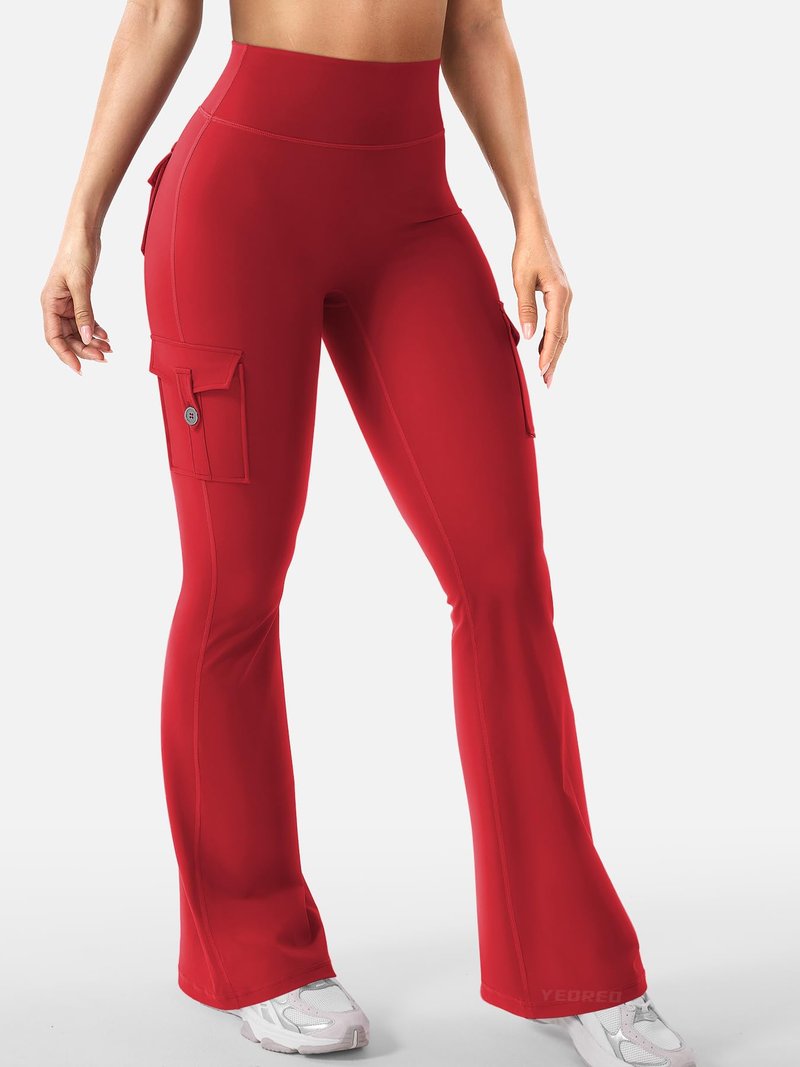 YEOREO CoreFlex Women Workout Flare Leggings with Pockets Hidden Scrunch Cargo Gym Yoga No Front Seam Leggings Red XS