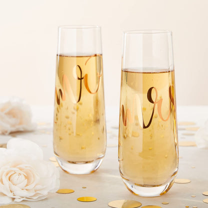 Juvale Mr & Mrs Champagne Flutes Set of 2-10 oz, 6 in, Clear Stemless Glass - Bridal Shower & Wedding Registry Gifts - Engagement Gift & Bride & Groom Glasses