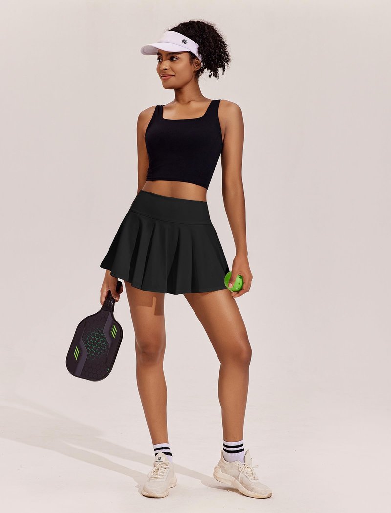 PINSPARK Women's Tennis Skirts Tummy Control Golf Skorts with Shorts High Waist Black Mini Skirt with Pockets XS