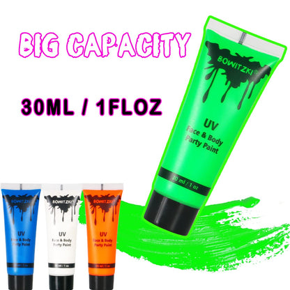 Bowitzki UV Neon Face and Body Paint 8 x 30ml /1 oz Liquid Large Kit Black Light Glow in the Dark Makeup Set Fluorescent Painting for Adults Kids Music Festivals Party Halloween Christmas